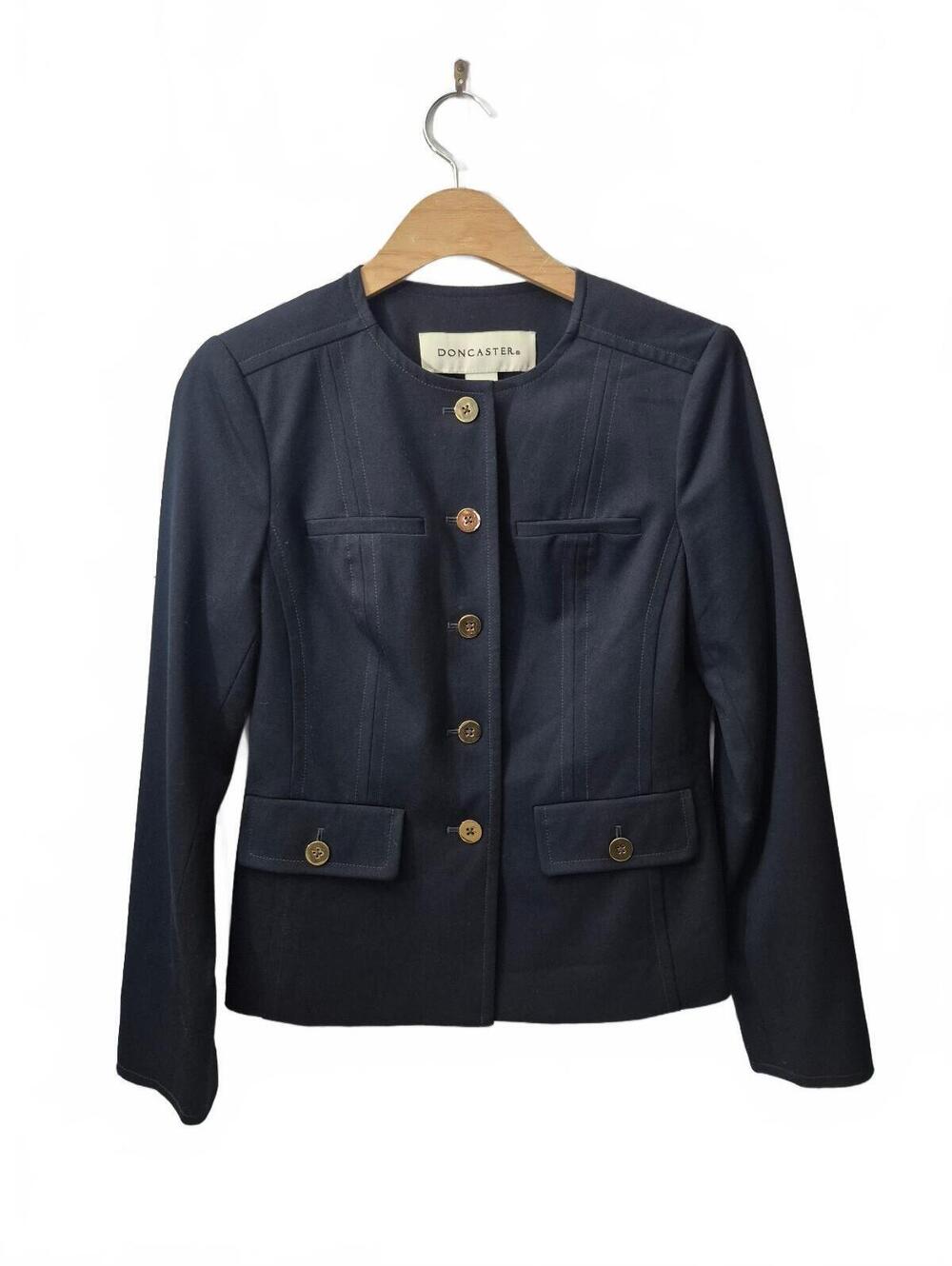 Doncaster Women’s Navy Blue Collarless Button Front Blazer Jacket